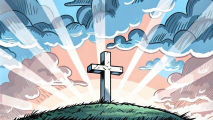 Poster - A grassy hilltop with a single stark white cross silhouetted against the vibrant orange and purple sky of sunrise. The light radiates outward in beams creating an atmosphere of. Cartoon