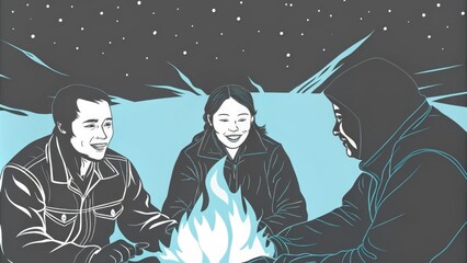 Poster - A group of people gathers around a bonfire under a vast night sky. The flames crackle and dance casting vibrant light on their faces filled with expressions of joy and camaraderie.. Cartoon