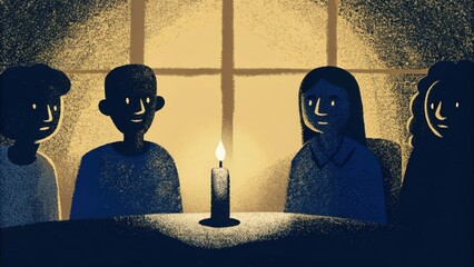 Poster - A group of individuals gathered around a flickering candle in a shadowy room their faces aglow with the light. Shadows dance on the walls but the candles flame represents unity and. Cartoon
