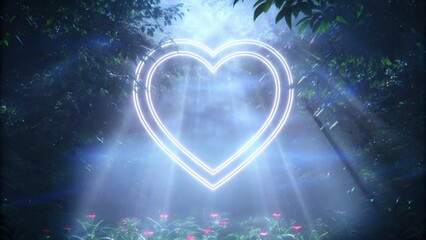 Poster - A heart enveloped in a halo of pure white light floats in a sundrenched meadow. The sunbeams filter through the leaves of surrounding trees creating spots of brightness that dance. Cartoon