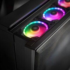 Aufkleber - Inside view of custom colorful illuminated bright rainbow RGB LED gaming pc.. Computer power hardware and technology concept background