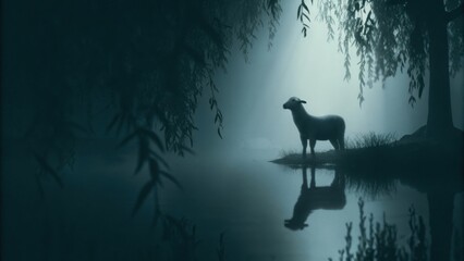 Poster - A lone lamb stands at the edge of a tranquil pond surrounded by willows its reflection visible in the water. The entire area is bathed in soft light creating a dreamlike quality as. Cartoon