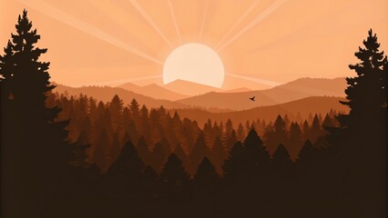 Poster - A majestic sun rises above a quiet forest enveloping the trees in a soft ethereal light. Shafts of golden sunlight pierce through the branches creating a heavenly glow that bathes. Cartoon