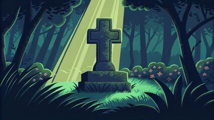 Poster - An ancient stone cross covered in moss and lichen stands in the heart of a serene forest. Sunlight breaks through the thick canopy above creating a spotlight effect. Surrounding. Cartoon