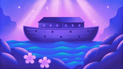 Poster - An ark rendered in soft pastels gently glides over fluid waters that shift seamlessly between shades of blue and lavender. The surface is dotted with abstract shapes resembling. Cartoon
