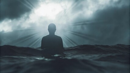 Poster - An enigmatic silhouette depicted against turbulent waters creating a stark contrast to the chaos around it. Dark clouds loom above while rays of light break through them. Cartoon