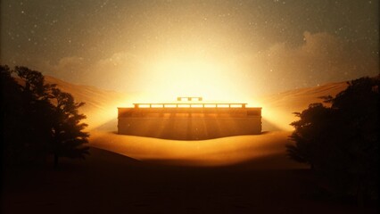 Poster - A nighttime scene reveals the Ark illuminated by ethereal light from the stars above creating a sense of divine presence. The surrounding landscape is shadowy yet serene with the. Cartoon