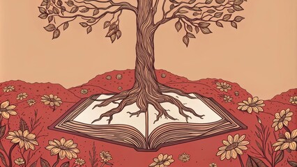 Poster - A peaceful valley is home to a grand tree with roots diving deep into the earth entwined around sy old scripture books lying a wildflowers. The trees leaves glisten with morning. Cartoon
