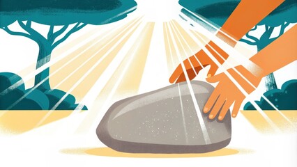 Poster - A poignant representation of the stone being gently rolled aside by unseen hands. The scene is bathed in ethereal light with an air of expectation hanging in the morning dew as. Cartoon