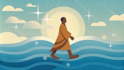 Poster - A portrait of a figure walking steadily on the water surrounded by a soft mist that rises from the sea. The mist swirls around him like a gentle embrace and the light from the. Cartoon