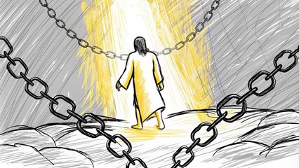 Aufkleber - A powerful portrayal of Jesus marching through darkness His feet causing radiant light to burst forth with every step. Chains drop from behind Him clattering against the ground as. Cartoon