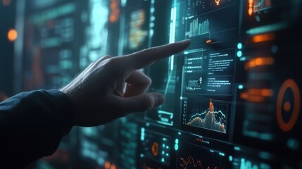 Poster - Analyzing Financial Data on Digital Display. Close-up of a hand pointing at financial graphs on a high-tech digital screen, indicative of market analysis and investment strategies.