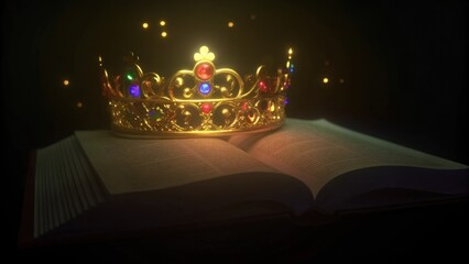 Aufkleber - A radiant crown embellished with vivid gemstones of red green and blue p delicately on an open book of scripture. The pages of the book flutter gently as if a breeze has passed. Cartoon