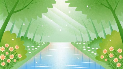 Poster - A reflective river winds through a pristine forest where light streams through the lush canopy above dappling the water in radiant patterns. The tranquil surface mirrors the. Cartoon