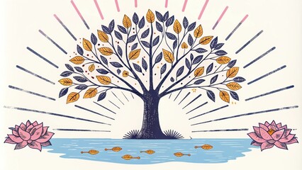 Poster - A radiant tree of life stands at the edge of a shimmering lake its branches arching over the water. The leaves are a mix of gold and silver reflecting the suns rays and creating a. Cartoon