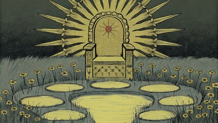 Poster - A radiant throne surrounded by a celestial aura sits amidst a field of soft glowing grasses. Streams of gentle waters flow from the throne into a series of interconnected ponds. Cartoon
