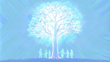 Poster - A radiant tree of life sits majestically in a clearing filled with whispers of wind and soft sunlight filtering through the leaves. Its branches stretch outward resembling a vast. Cartoon