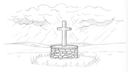 Poster - A radiant cross rests atop an unyielding stone pedestal glowing brightly in an open field where storm clouds rapidly gather. The tumult of the storm contrasts with the serene light. Cartoon