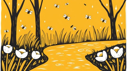 Poster - A river adorned with luminescent flowers flows through an enchanted garden. The flowers emit a soft glow illuminating the water beneath them creating a magical ambiance. The air is. Cartoon