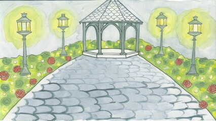 Poster - A romantic winding cobblestone path leads through a whimsical garden filled with ling fairy lights. The air sparkles with enchantment as small lanterns lighten the way. At the. Cartoon