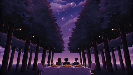 Poster - A serene landscape filled with towering luminous trees that provide shade over an extensive feast. The table is set with crystal goblets and vibrant salads while guests adorned in. Cartoon