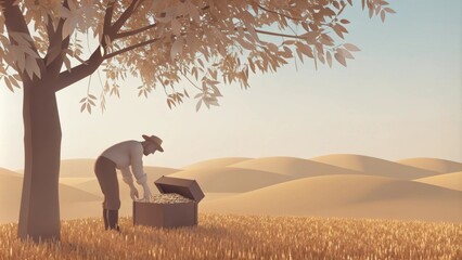 Poster - A serene landscape of rolling hills bathed in the golden hues of morning light. In the foreground a man dressed in humble clothing bends over a hidden treasure beneath an old oak. Cartoon