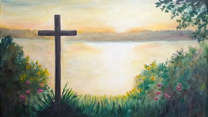 Poster - A serene landscape painting captures a solitary cross overlooking a tranquil lake at sunrise. The cross is weathered yet dignified surrounded by lush greenery and blooming flowers.. Cartoon