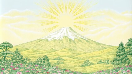 Poster - A serene landscape unfolds bathed in soft golden rays that radiate warmth and comfort. Rolling hills covered in lush greenery lead to a majestic mountain cloaked in mist and light.. Cartoon