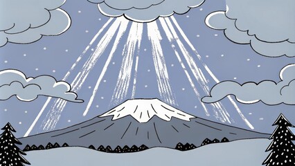 Poster - A serene landscape unfolds under a majestic mountain backdrop covered with wisps of cloud. Beams of light emerge from an unseen source above casting down luminescent patterns on. Cartoon