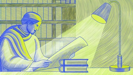 Poster - A serene library filled with ancient scrolls and books. One servant diligently studies a scroll furrowing his brow in concentration as he seeks knowledge about trade and. Cartoon