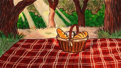 Poster - A serene outdoor setting with a picnic blanket spread on the grass and a basket overflowing with different types of bread. The sunlight dapples through tree branches creating. Cartoon