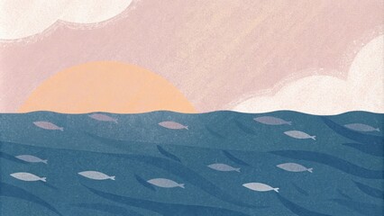 Poster - A serene ocean vista during the early morning where waves gently lap at the shore. The horizon is a canvas of soft pastel colors as the sun rises illuminating the water with. Cartoon