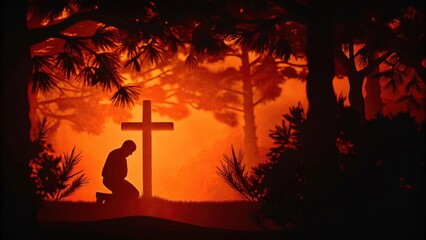 Poster - A silhouetted figure kneels at a cross set in a quiet forest clearing dappled sunlight filtering through the leaves overhead. The air is thick with the scent of pine and the. Cartoon