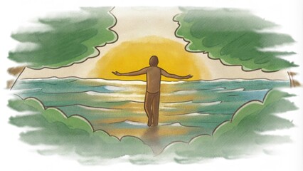 Poster - A side profile of a silhouetted man with outstretched arms symbolizing peace and freedom as he walks. The water is a tranquil blue illuminated by the soft light of an early dawn. Cartoon