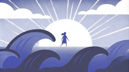 Poster - A shadowy figure walks on water with large waves crashing in the background. The sun peeks through ominous clouds casting beams of light onto the silhouette giving an impression of. Cartoon