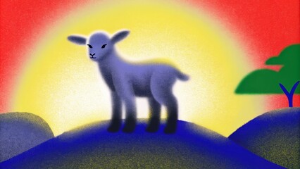 Poster - A small lamb standing atop a rocky hill enveloped in a warm golden glow as the sun begins to set in the background. The soft light casts long shadows and accentuates the lambs. Cartoon