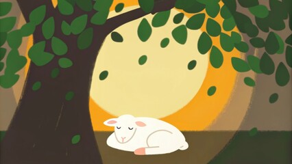 Poster - A soft diffused light envelops a lamb reclining peacefully under a tree. The trees leaves filter the sunlight creating a mosaic of light and shade on the lambs back making it. Cartoon