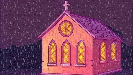 Poster - A small humble chapel set against a backdrop of deep night its stained glass windows glowing with a warm inviting light. Shadows loom around the structure but the light from within. Cartoon