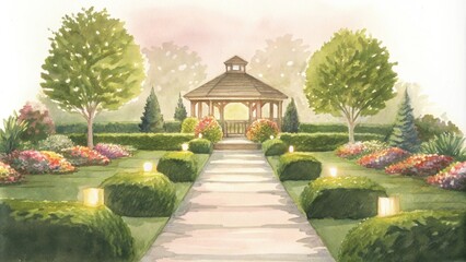 Poster - A small serene garden filled with carefully manicured hedges and colorful flowers is illuminated by soft garden lights creating a magical atmosphere. A stone pathway winds through. Cartoon