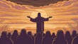© DigitalSpace - A stunning sunset silhouette of Jesus arms wide open as he preaches to a gathering at twilight. The colors of the sky blend beautifully symbolizing hope while the audience framed. Cartoon