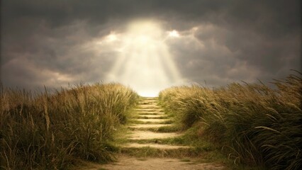 Poster - A sweeping hillside trail where shafts of sunlight break through dark clouds to reveal a luminous pathway leading upward. The surrounding wild grasses shimmer with the glow and the. Cartoon