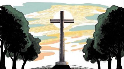 Poster - A tall iron cross dominates the landscape atop a gently rolling hill as golden light washes over the scene. The sky is a breathtaking display of oranges and deep yellows creating a. Cartoon