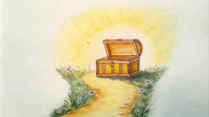 Poster - A symbolic representation of the parable where a broken path leads to a sunlit clearing. At its center a glowing chest sits casting light on a clump of dirt and wildflowers. The. Cartoon