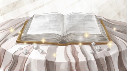 Poster - A textured cloth serves as a backdrop for a Bible lying open with golden edges that refract light into tiny sparkles. Surrounding the book are small crystals that catch the light. Cartoon