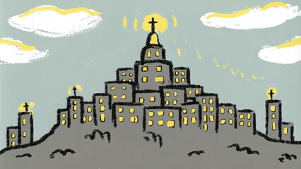 Poster - At dawn the city on the hill emanates a warm glow as the first light reflects off glittering windows creating an ethereal atmosphere. Soft wisps of white clouds float above while. Cartoon