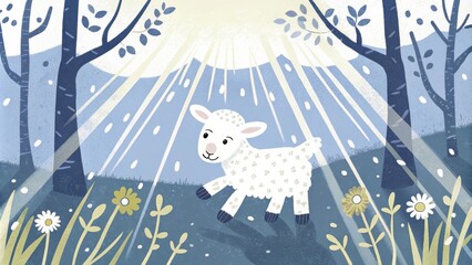 Poster - A tender moment captured in a meadow where a playful lamb frolics through dewdrops glistening in the early morning light. The soft rays filter through the trees the scene in a. Cartoon