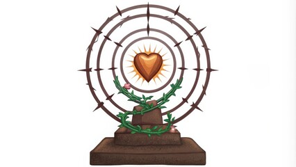 Poster - Atop a weathered stone pedestal a heart glows with an intense white light shrouded in a circular arrangement of t vines. The thorns twist upward creating a spiral effect that draws. Cartoon