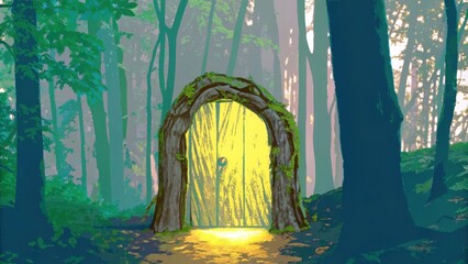 Poster - A tranquil door made from aged driftwood is od to a bright sunlit path that winds through a mystical forest. The light beckons with an air of tranquility symbolizing the journey of. Cartoon