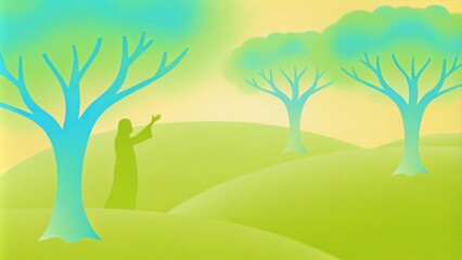 Poster - A tranquil moment captured in soft hues of blue and green where a solitary figure stands amidst ancient olive trees their gnarled branches spreading wide. The figure looks upwards. Cartoon
