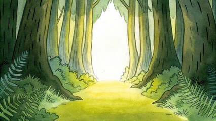 Poster - A tranquil forest trail framed by towering trees and lush ferns leads toward a clearing where a brilliant light emanates. The contrast of shadow and light symbolizes the journey. Cartoon